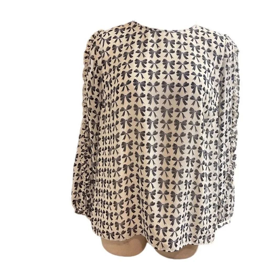 NWOT Talbots Black Cream Ruffle Bow Top Size Medium New